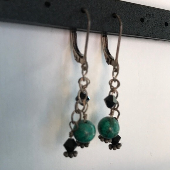 Vintage Handmade Chrysocolla Gemstone Sterling Silver Swarovski Lever Earrings - Picture 5 of 6